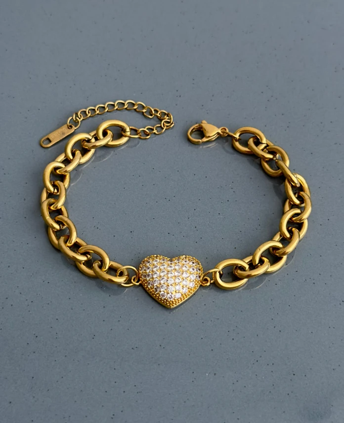 çelik gold zincir ortası kalp taşlı bileklik