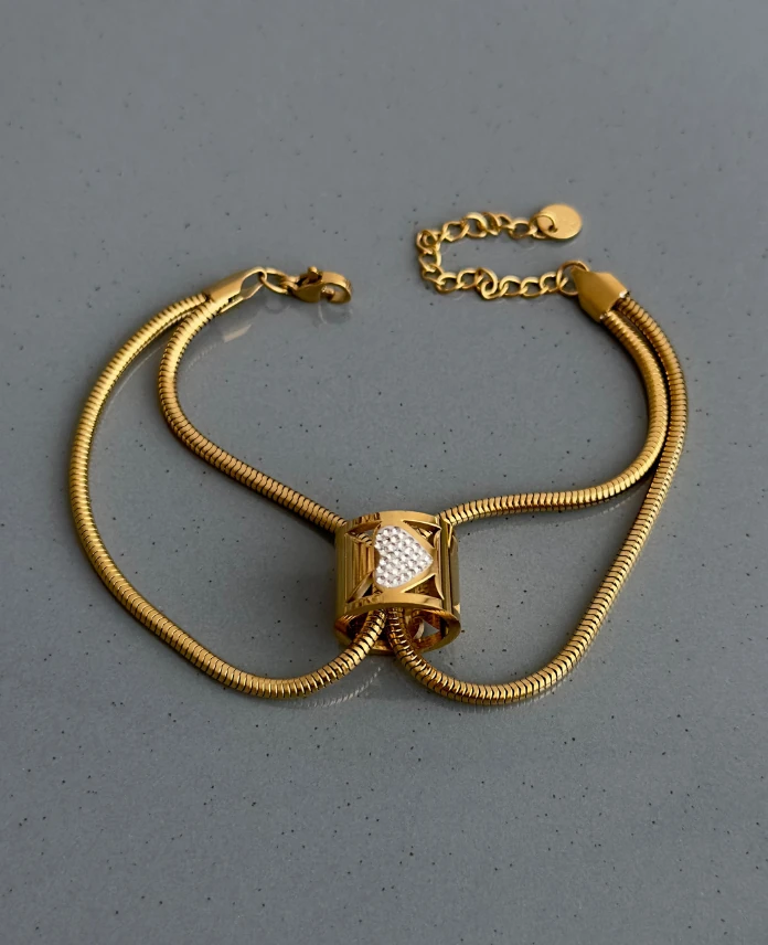 çelik gold iki zincir kalp taşlı bileklik