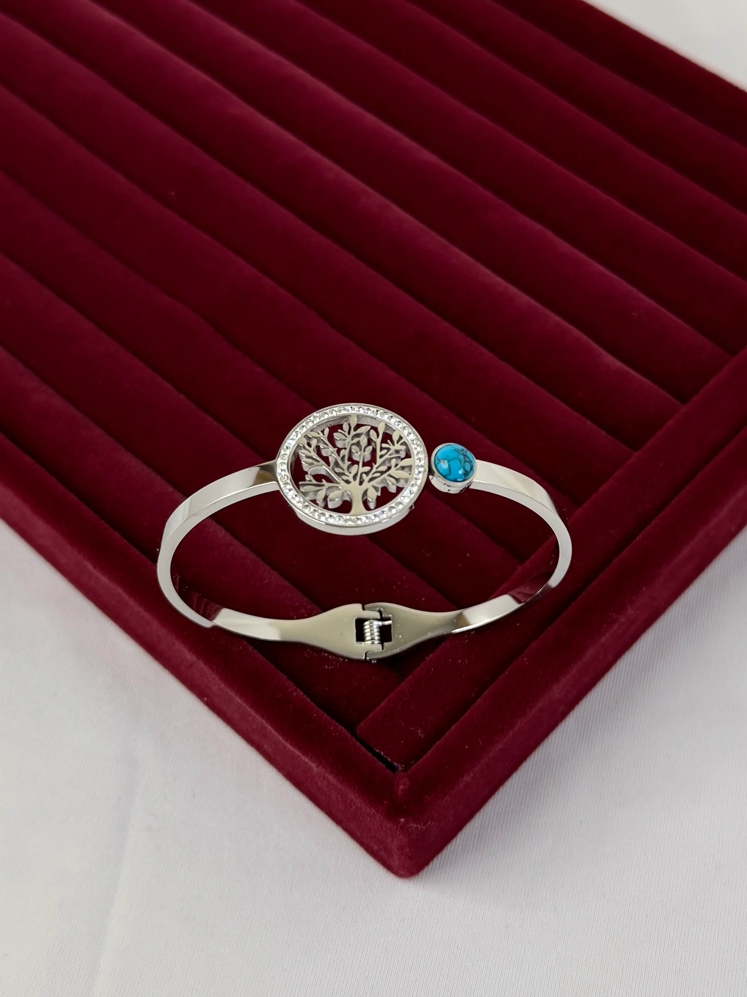 çelik silver yaşam ağaçı mavi taşlı kelepçe
