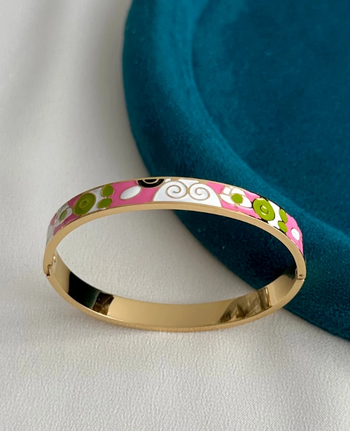 çelik gold pembe çiçek mineli kelepçe