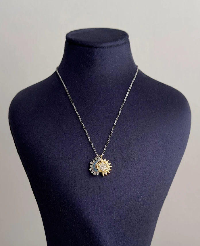 çelik silver ay güneş mavi sarı 45cm kolye