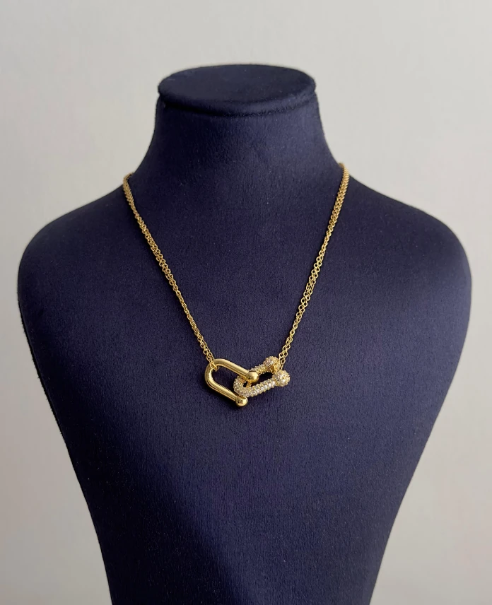 çelik gold iki zincir tffny taşlı 45cm kolye