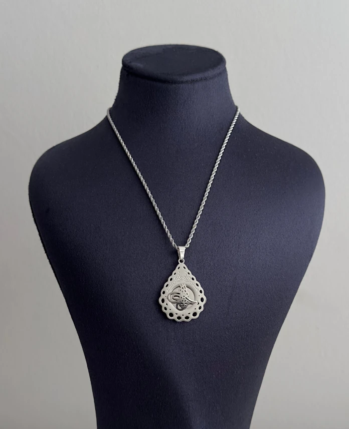 çelik silver damla tuğra burgu 45cm kolye