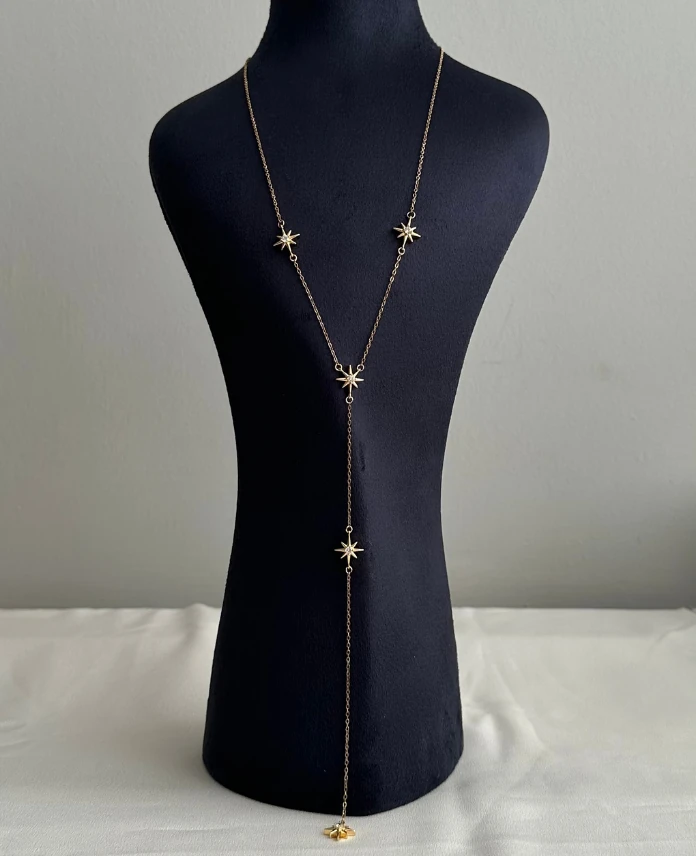 çelik gold yıldızlı y uzun 70cm kolye