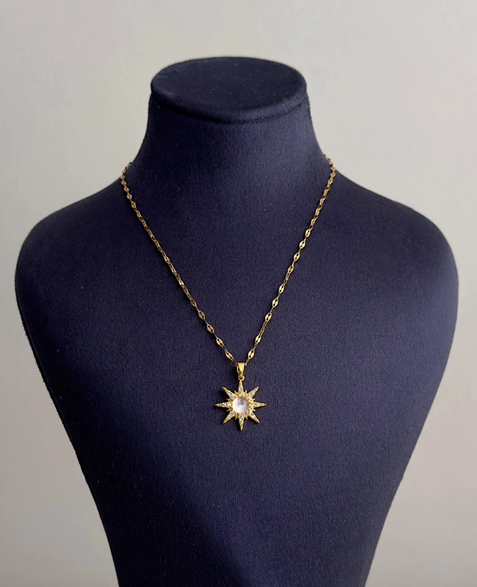 çelik gold güneş beyaz taş 45cm kolye