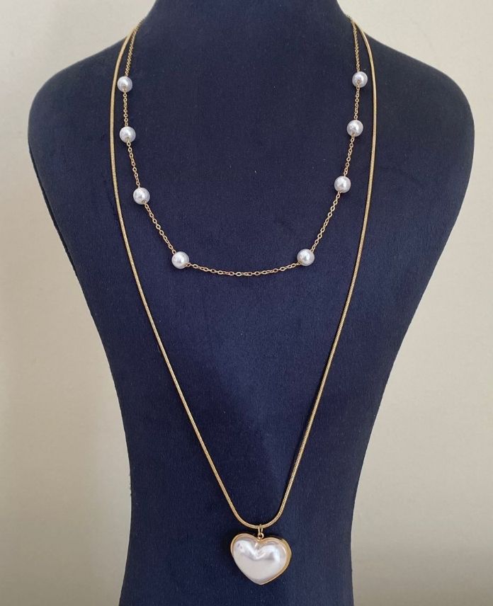 Çelik Kalp 2 Li İncili 60Cm Kolye