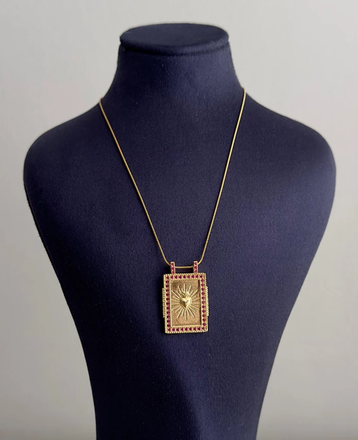 çelik gold dikdörtgen pembe taş kalp 45cm kolye