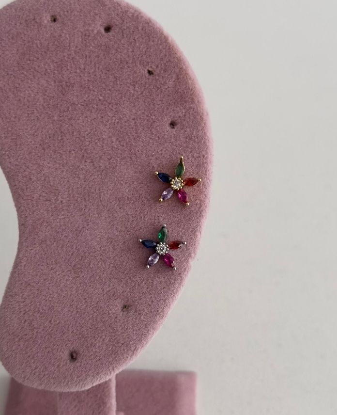 Çelik Büyük Çiçek Renkli Tragus Piercing (Arkası Düz)