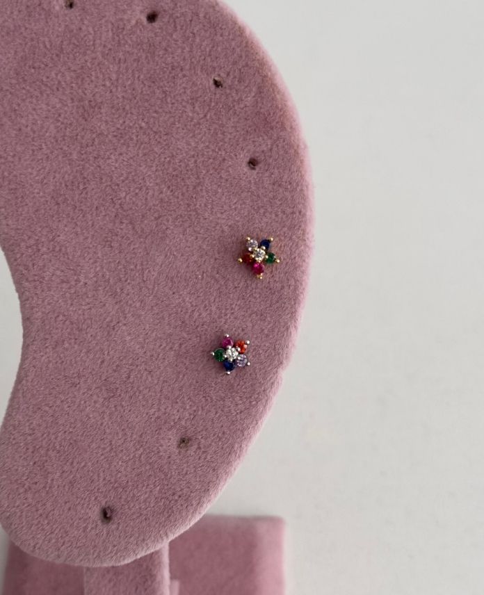 Çelik Çiçek Renkli Tragus Piercing (Arkası Düz)