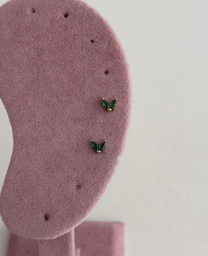 Çelik İkili Yeşil Taş Tragus Piercing (Arkası Düz)