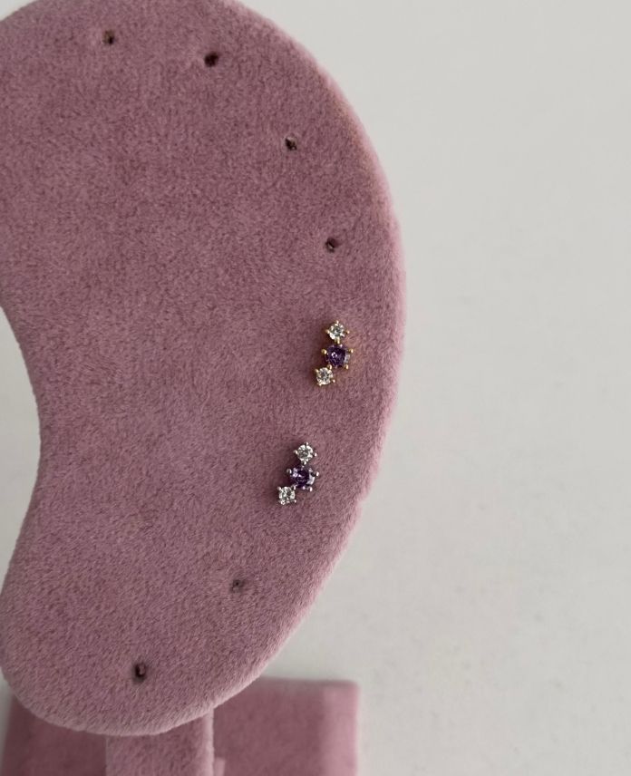 Çelik Üç Top Mor Beyaz Tragus Piercing (Arkası Düz)