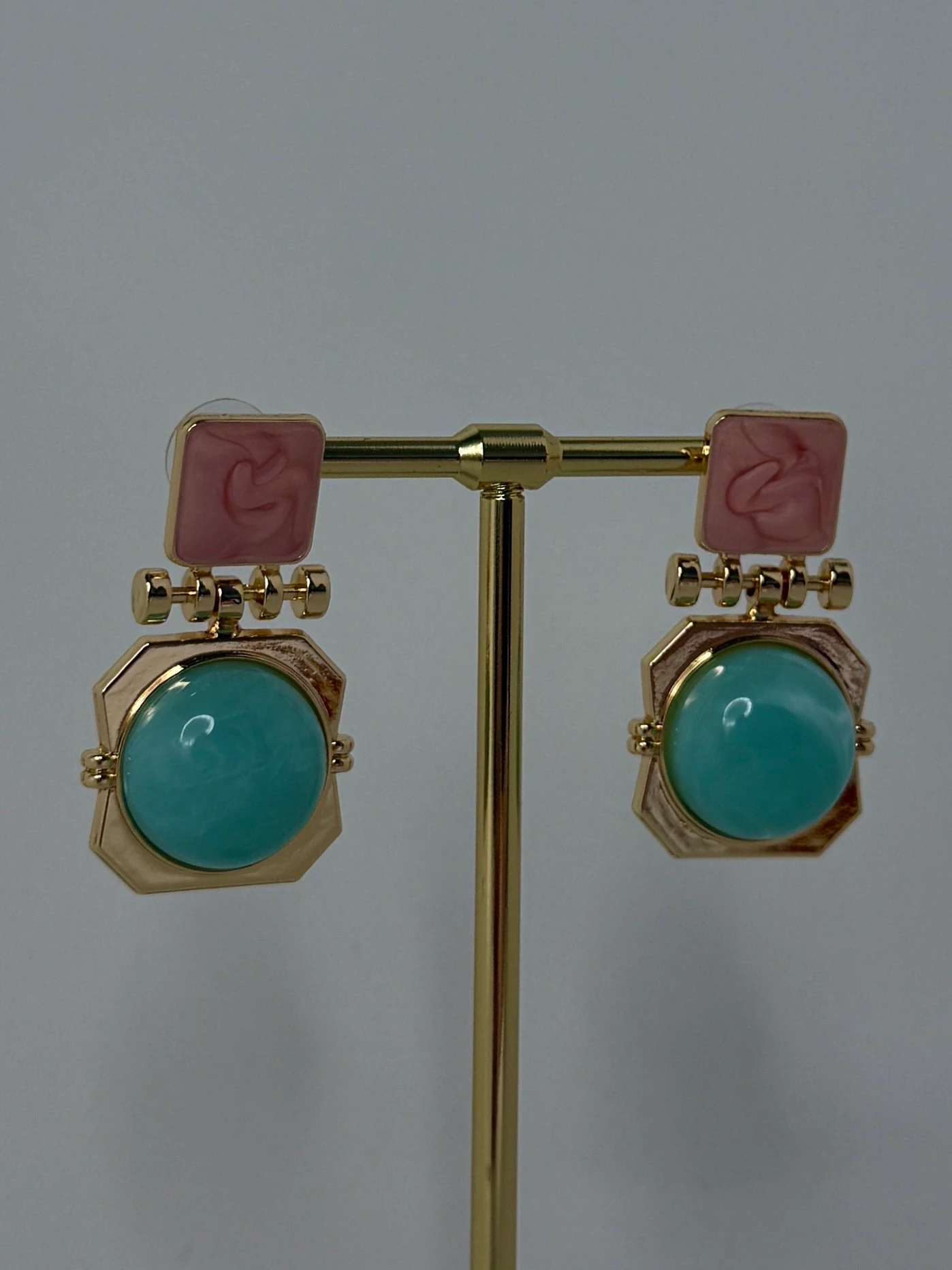 vip gold turkuaz pembe doğaltaş ikili küpe