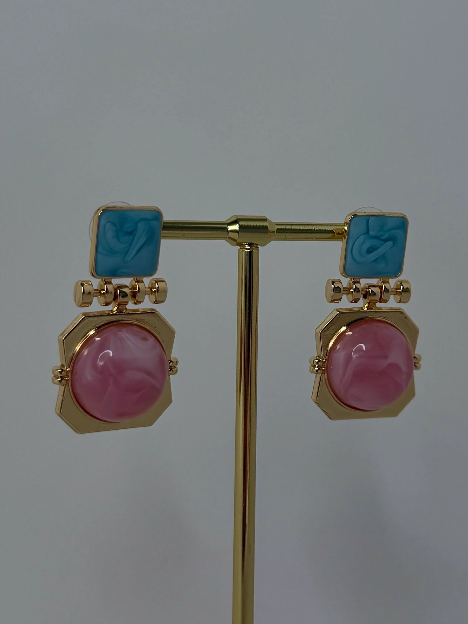 vip gold mavi toz pembe doğaltaş ikili küpe