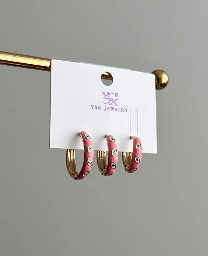 ysx gold pembe mineli göz küpe üçlü küpe