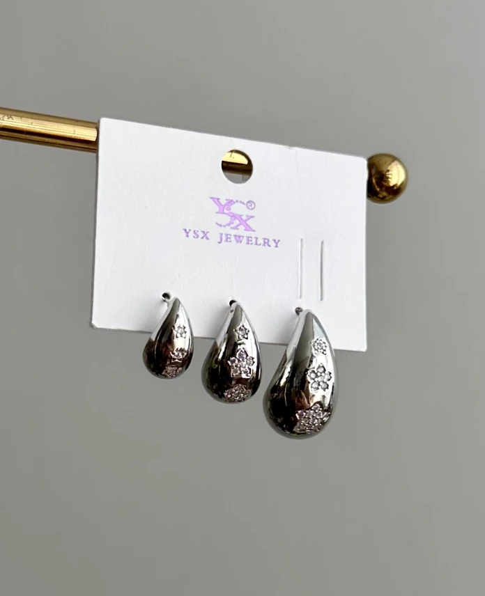 ysx silver damla çiçek taşlı üçlü küpe