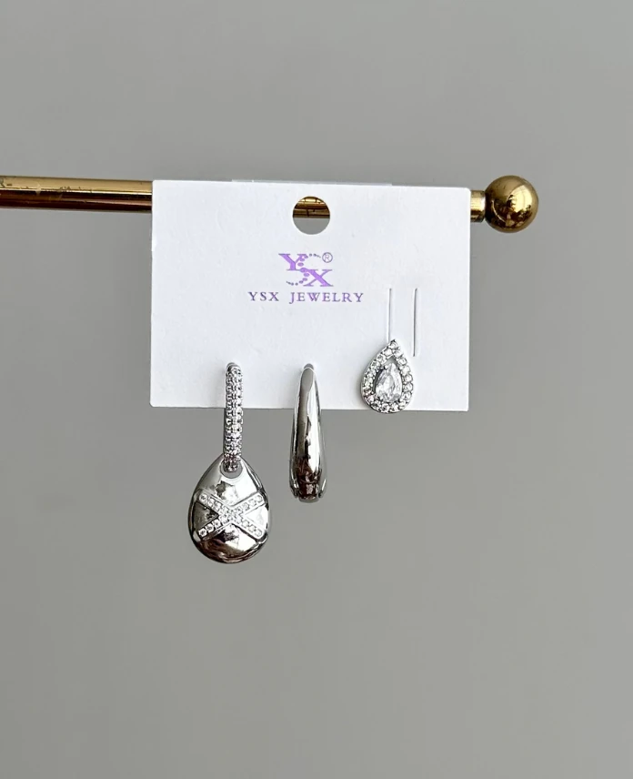 ysx silver damla taşlı üçlü küpe