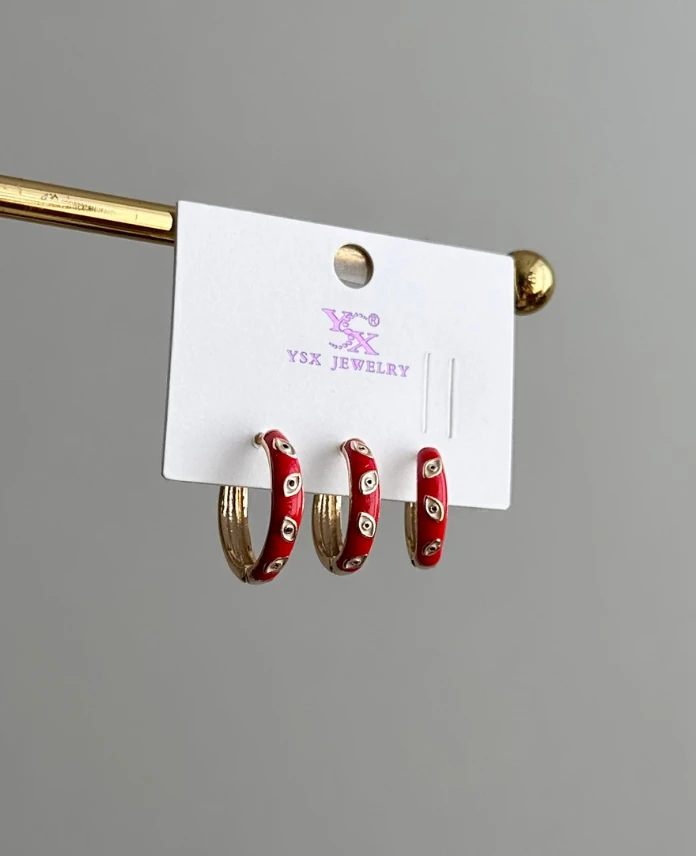 ysx gold kırmızı mineli göz küpe üçlü küpe