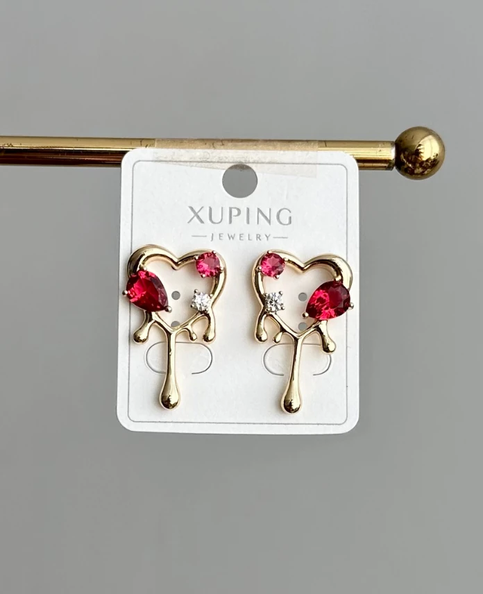 xuping gold kalp kırmızı taşlı küpe